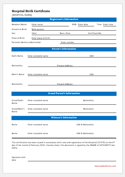 Hospital birth certificate template