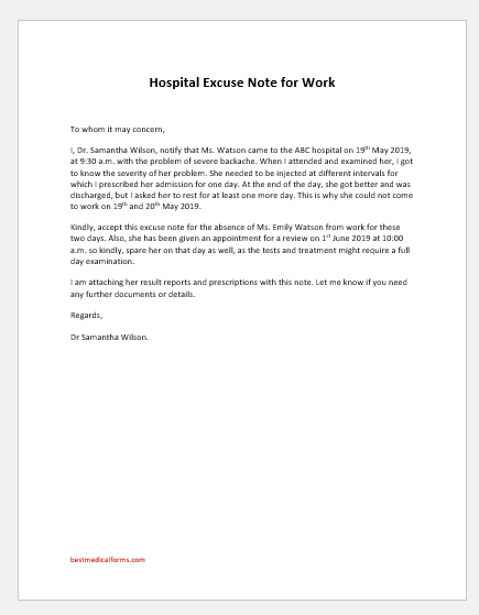 Hospital excuse note for work