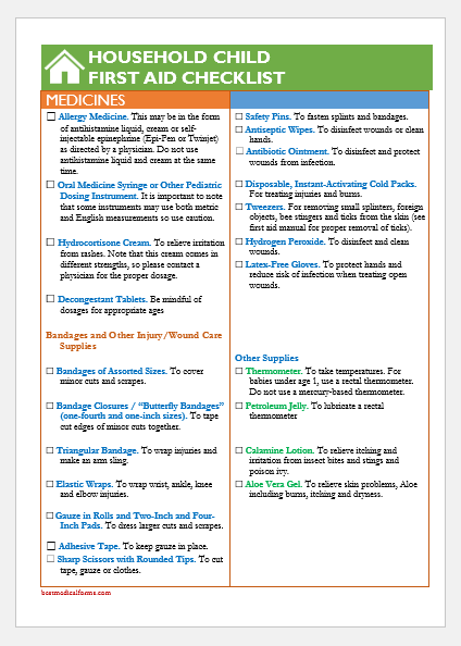 Household Child First Aid Kit Checklist Template