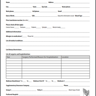 Medical information sheet for emergency