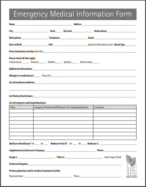 Medical information sheet for emergency