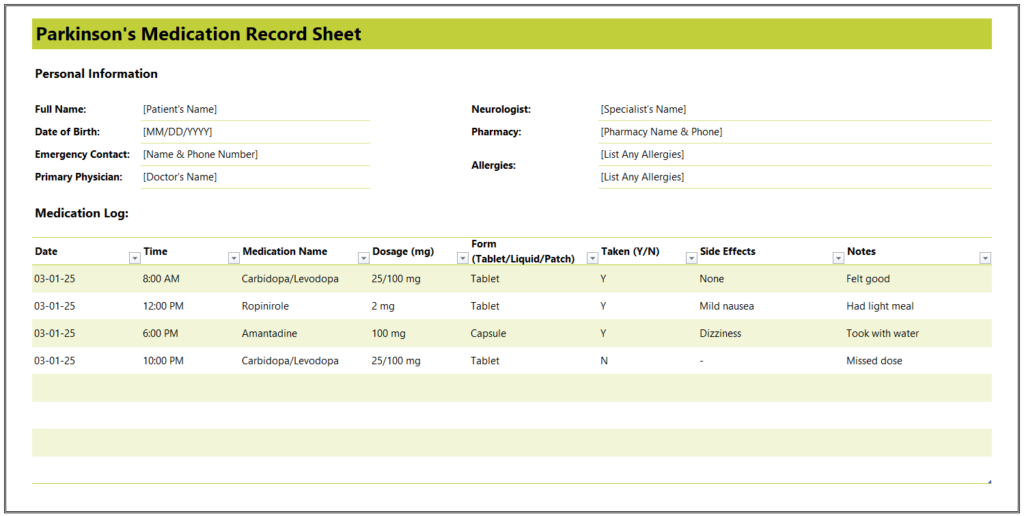 Parkinson's Medication Record Sheet for Excel