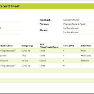 Parkinson's Medication Record Sheet for Excel
