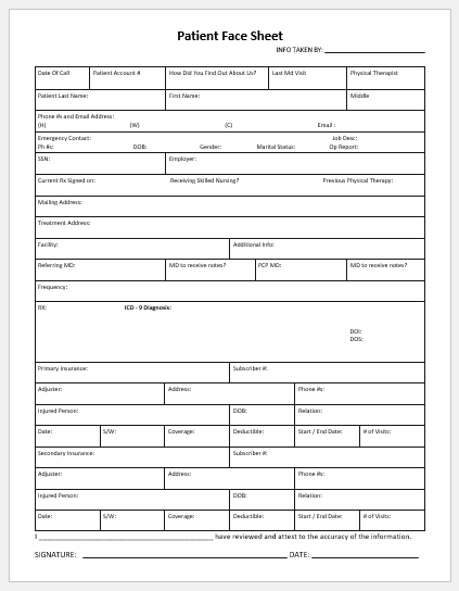 Patient Face Sheet Template from www.bestmedicalforms.com