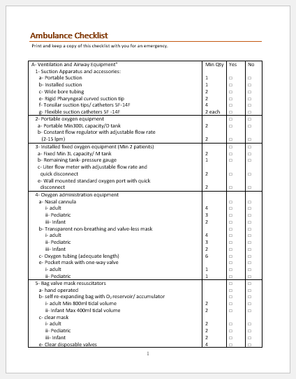 Ambulance Checklist Template