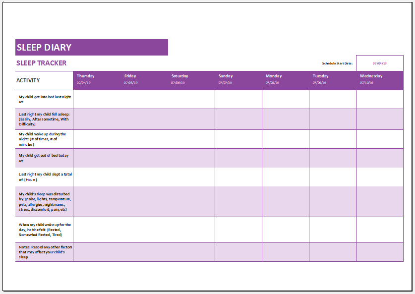 Child sleep diary template