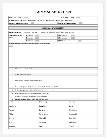 Patient Pain Assessment Form Template For Word Printable Medical