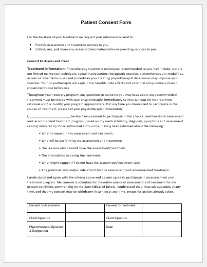 Physiotherapy Consent Forms Samples Printable Medical Forms Letters Sheets