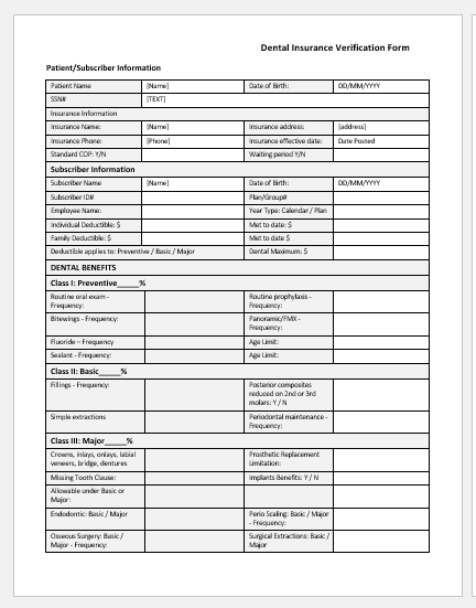 Dental Insurance Verification Form