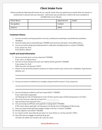 Therapy Client Intake Form Template for Word | Printable Medical Forms,  Letters & Sheets