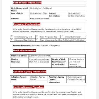 Pregnancy Confirmation Form for Adoption
