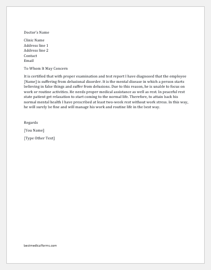 Psychiatric Sick Note For Work Absence Download Sample