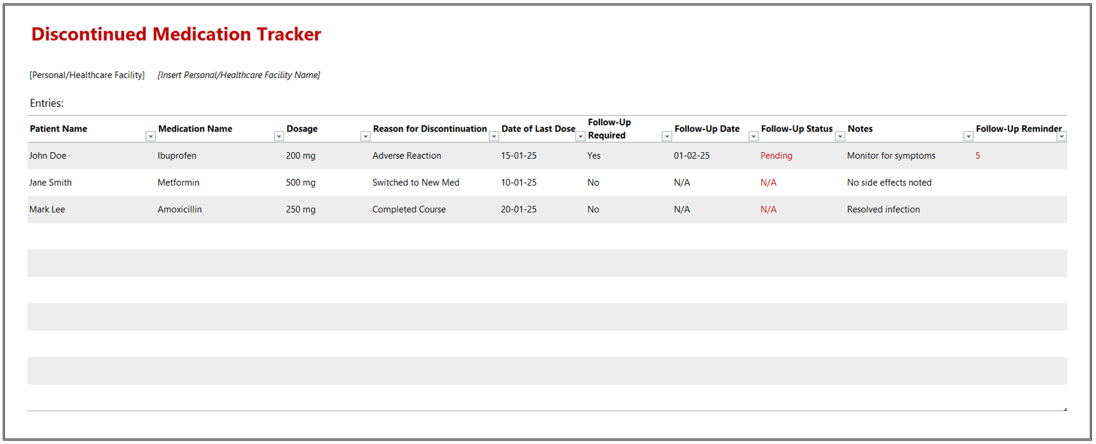 Discontinued Medication Tracker Template