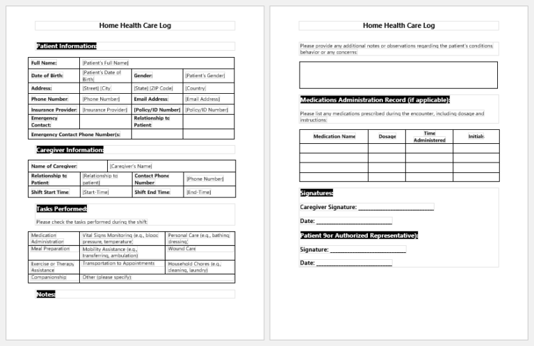 Home Health Care Log Templates Download Word Excel Files Home Health Care Log Templates Download Word Excel Files