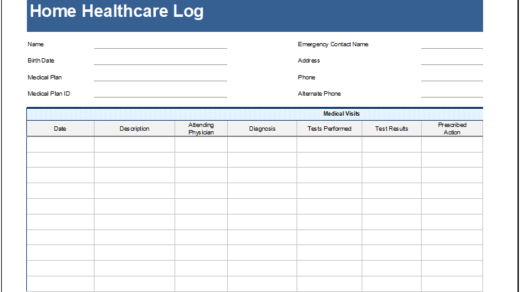 Home Health Care Log Template for Excel