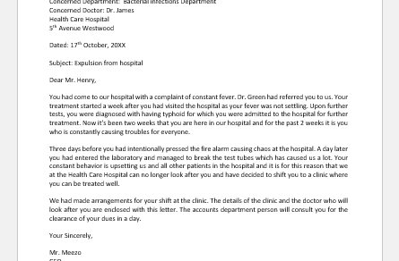 Letter to Patient for Removal from Hospital for Unethical Conduct