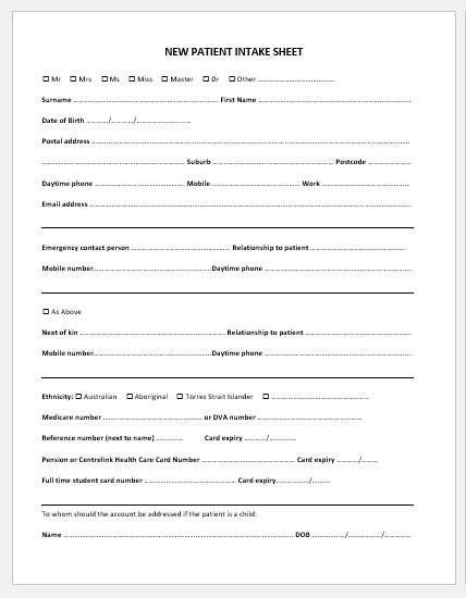 New Patient Intake Sheet Template Download Sample