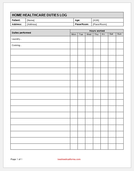 Home healthcare duties log template