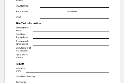 TB Skin Test Record Form Template