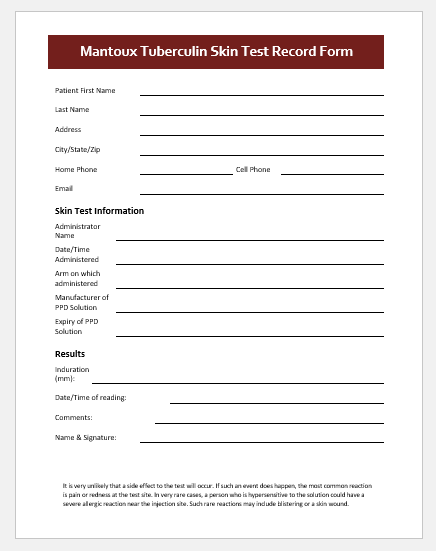 TB Skin Test Record Form Template For Word Download Sample