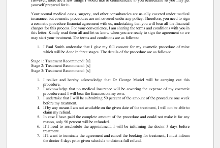 Cosmetic Procedure Financial Agreement Letter