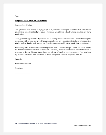 Excuse Letter Of Absence In School Due To Depression Edit