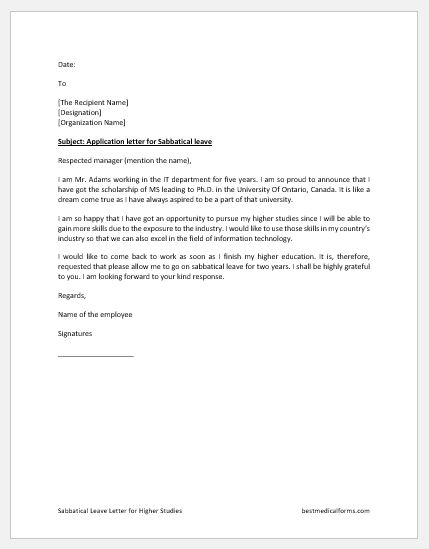 Sabbatical Leave Letter For Higher Studies Download