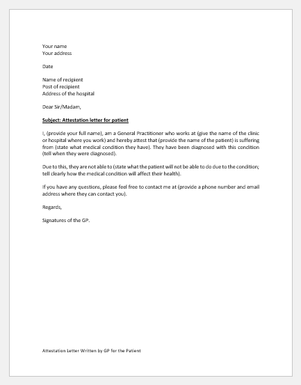 Attestation Letter Written by GP for the Patient | Download