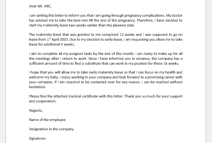 Early Maternity Leave Letter