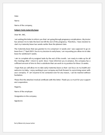 Early Maternity Leave Letter Template Download Sample
