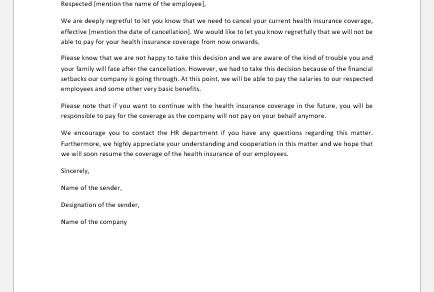 Letter to Employee to Cancel Health Insurance