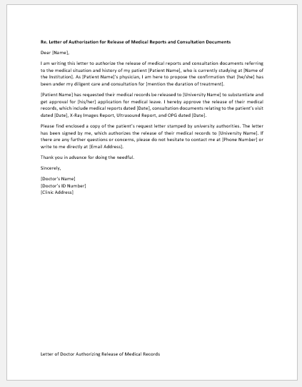 Letter Of Doctor Authorizing Release Of Medical Records Letter Of Doctor Authorizing Release Of Medical Records