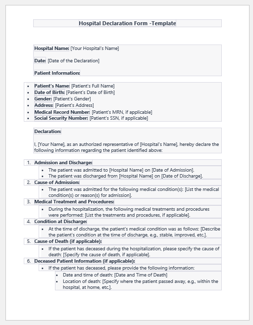 Hospital declaration form template