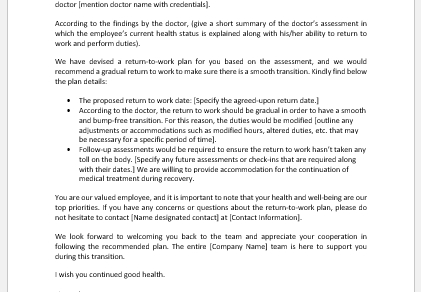 Return to Work Letter to Certify an Employee's Fitness