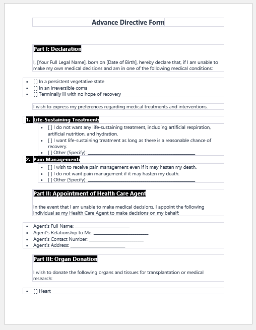 Advance directive form