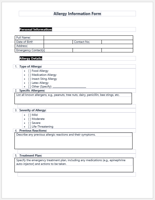 Allergy Information Form