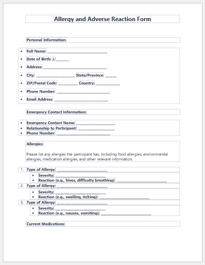 Allergy and Adverse Reaction Form
