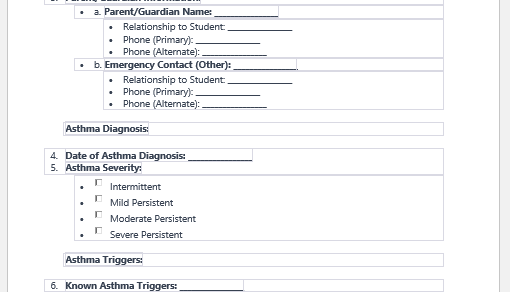 Asthma Action Plan form for Students