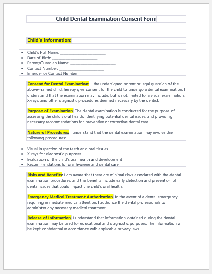 Child Dental Examination Consent Form