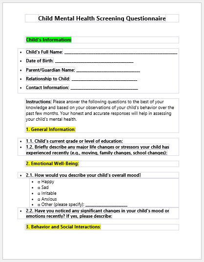 Child Mental Health Screening Questionnaire
