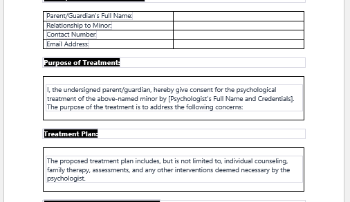 Consent Form for Psychological Treatment of a Minor