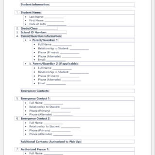 Emergency Contact Information Form for School Student