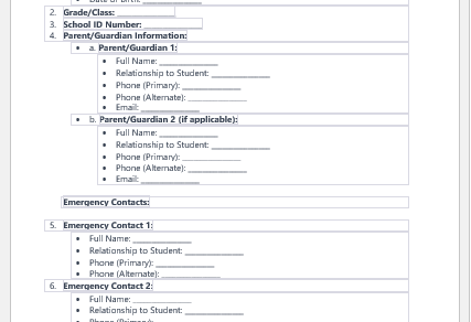 Emergency Contact Information Form for School Student