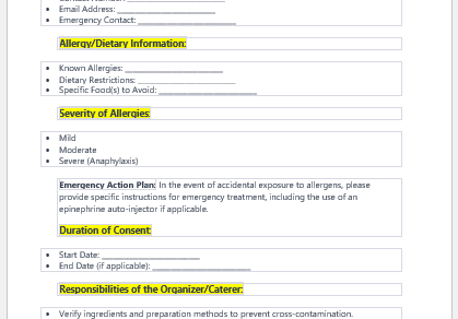 Food Allergy or Dietary Restrictions Consent Form