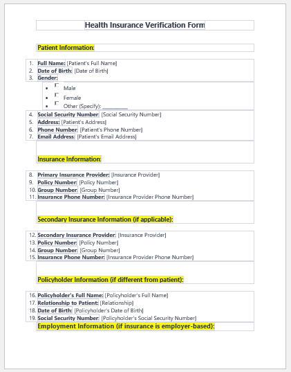 Health Insurance Verification Form