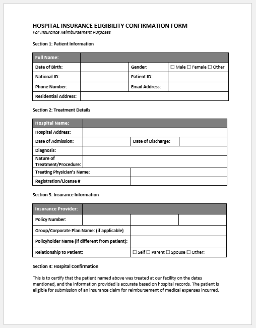 Hospital Insurance Eligibility Confirmation Form