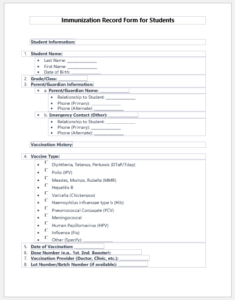 Immunization Record Form for Students | Download Template