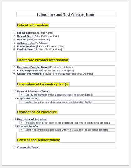 Laboratory and Test Consent Form