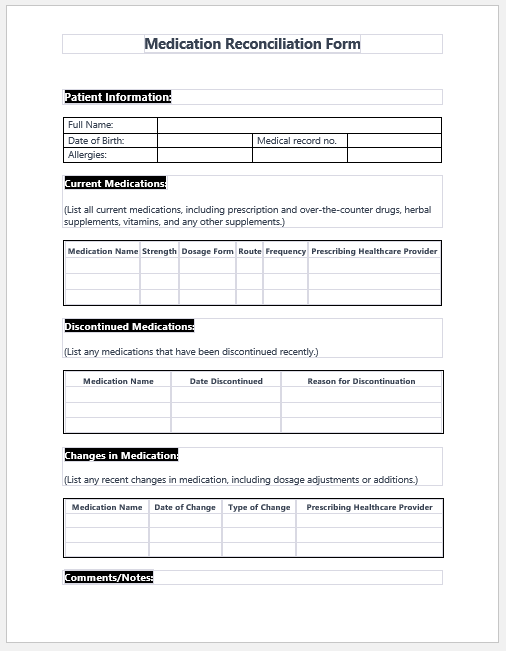 Medication Reconciliation Form