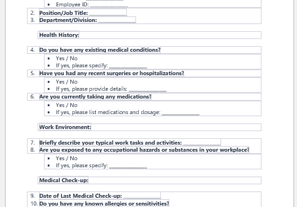 Occupational Health Assessment Form